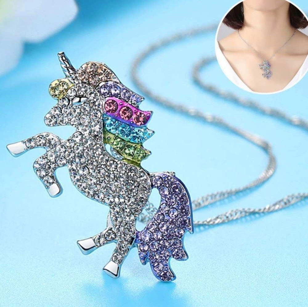⭐AMY & ANNETTE⭐ Crystal & Silverstone Unicorn Pendant Necklace, jewelry, funwear